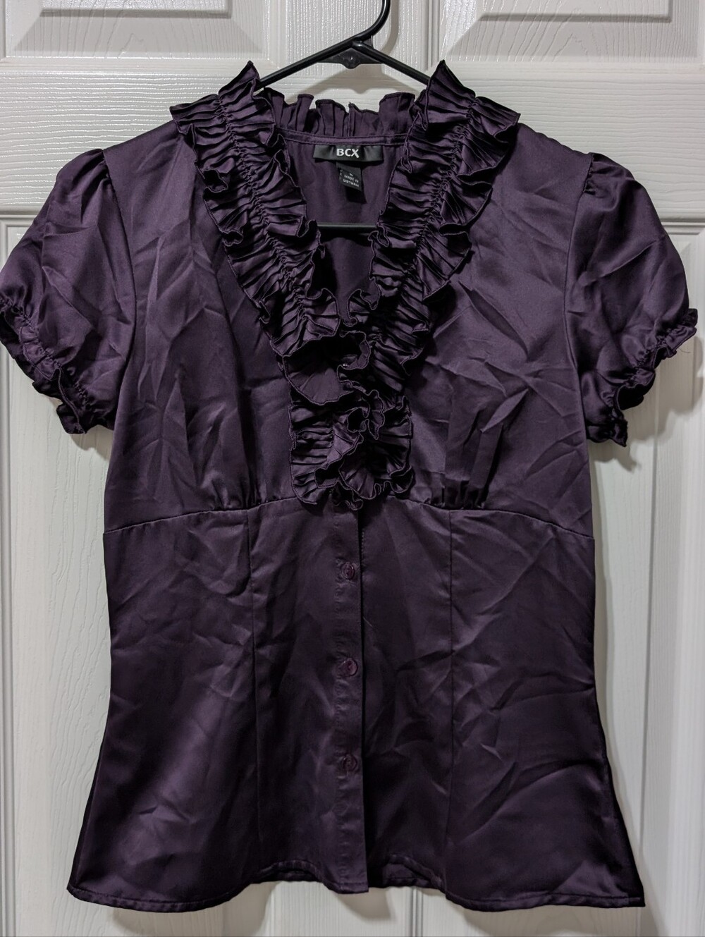 BCX Women's Deep Purple Ruffle-Front Satin Blouse Size small